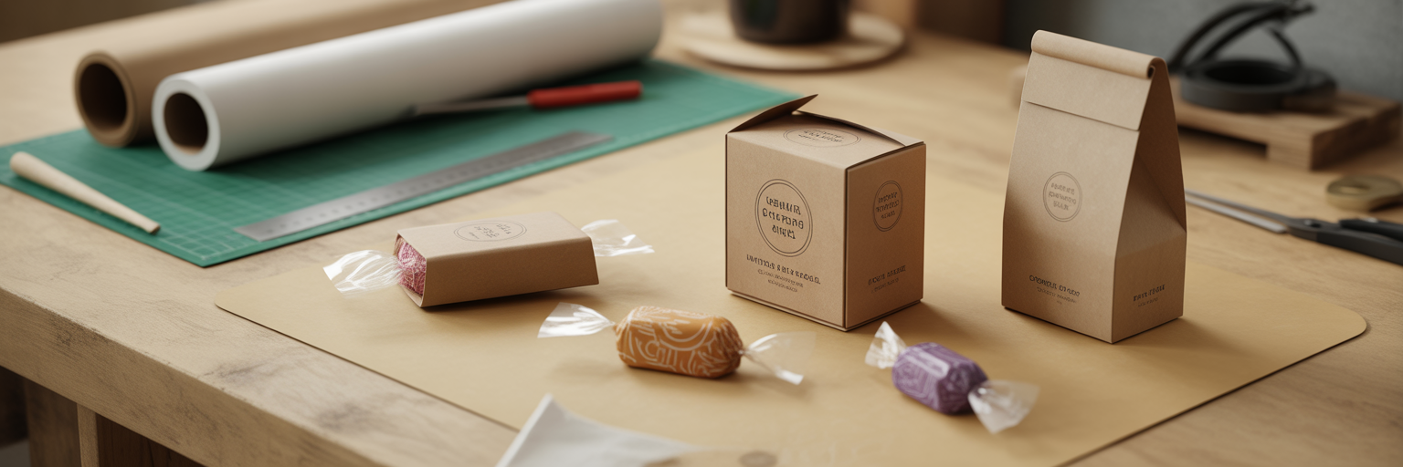 Eco-friendly confectionery packaging prototypes on a workbench.