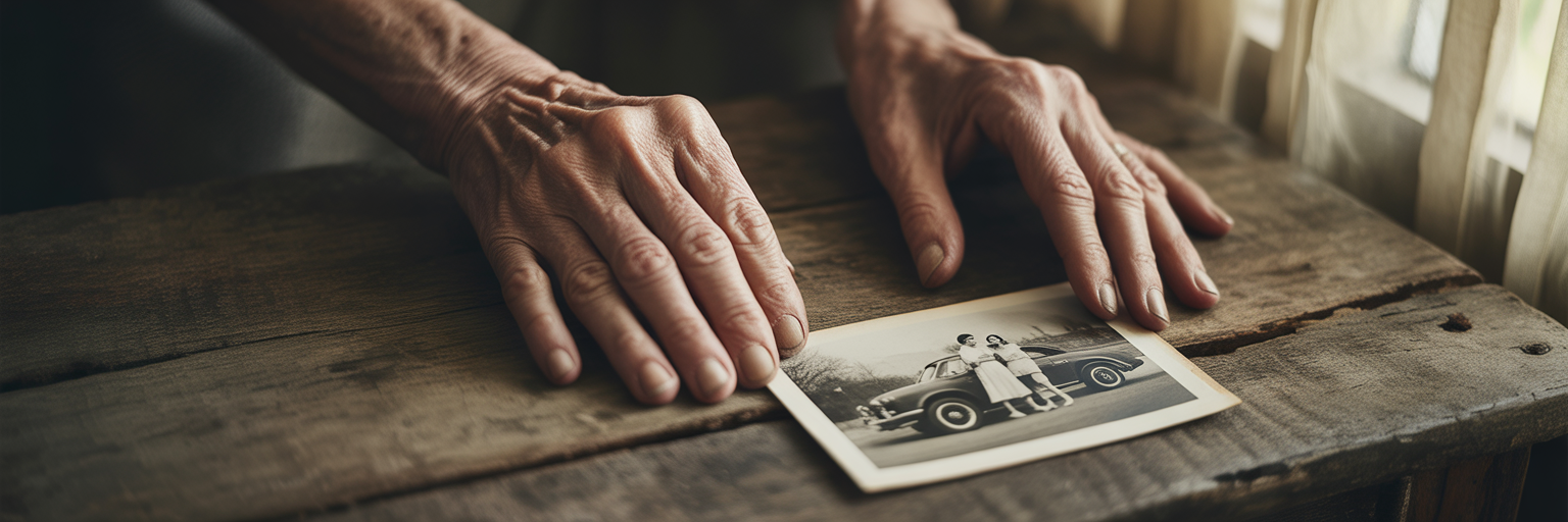 Elderly hands holding an old photograph.