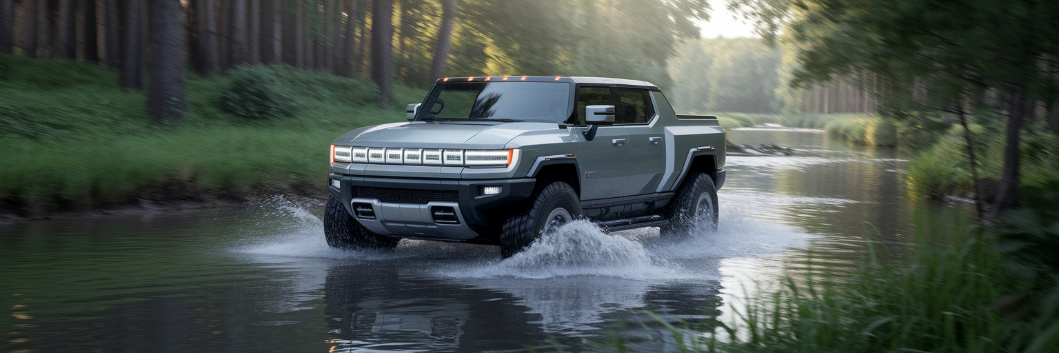 Electric off-road truck crossing a river.