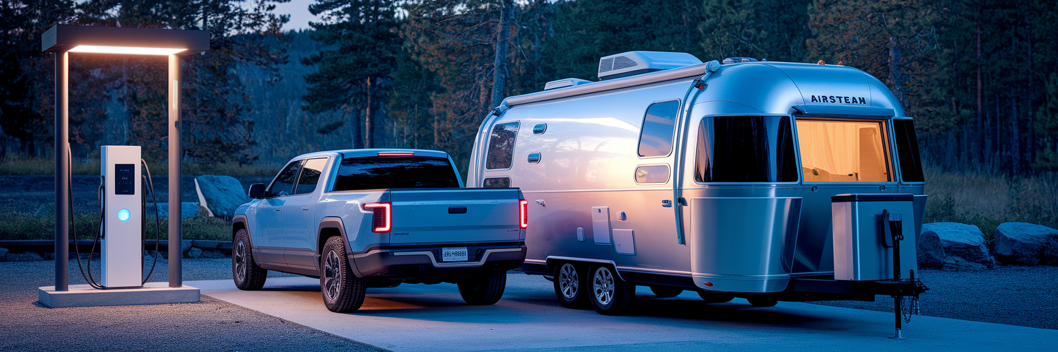 Electric truck charging with Airstream trailer.