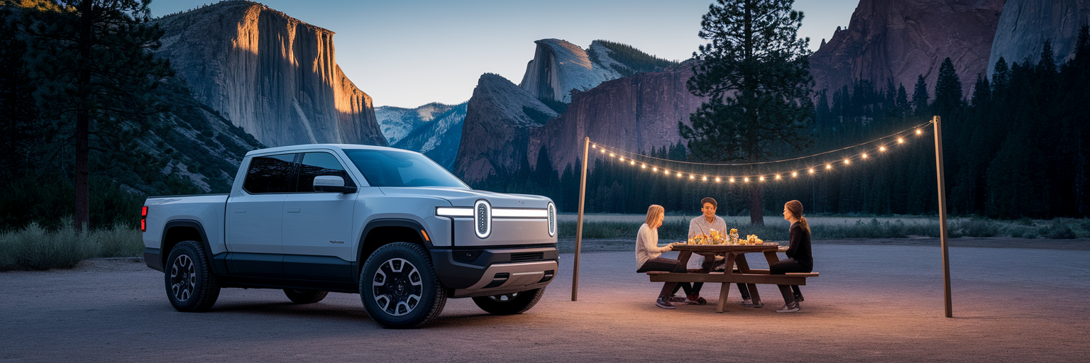 Electric truck powering campsite lights.