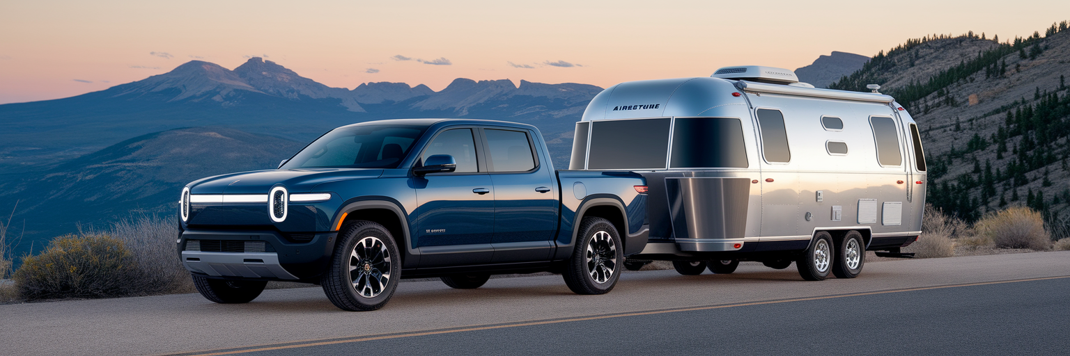 Electric truck with camper at mountain overlook.