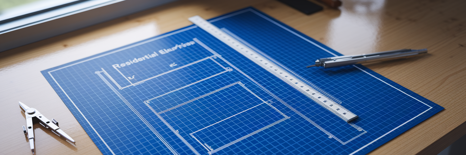 Electrical blueprint and drafting tools on workbench.