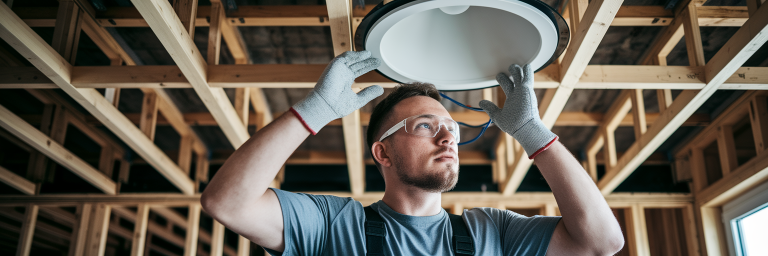 Electrician installing recessed lighting housing.