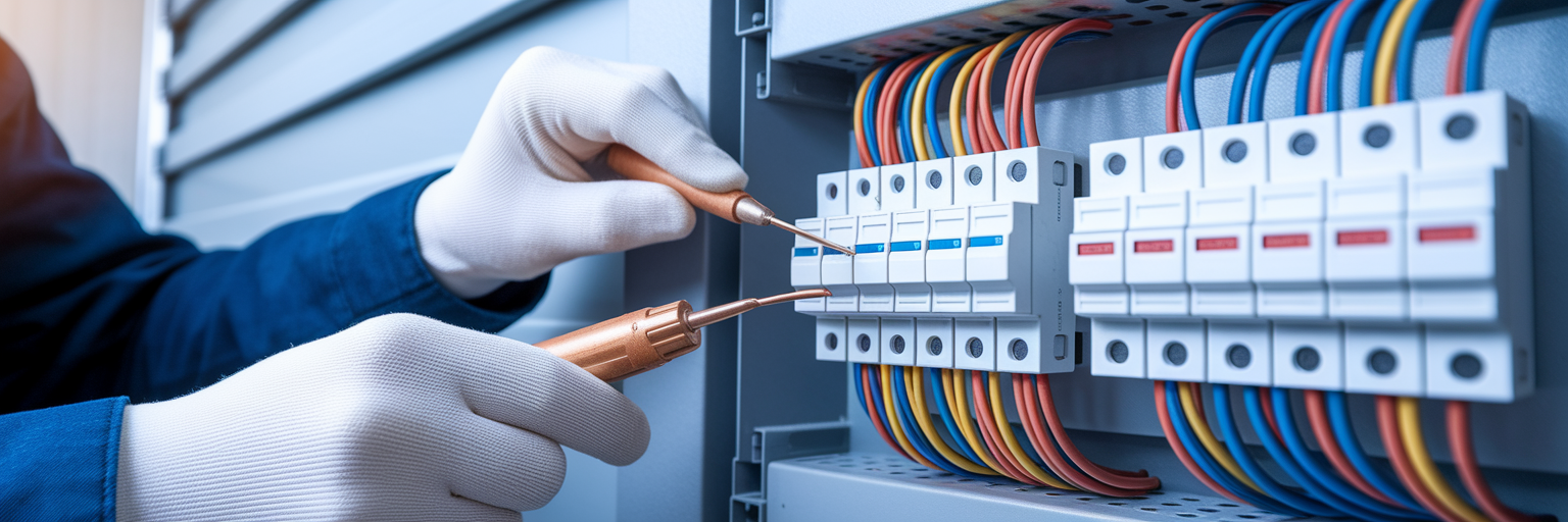 Electrician wiring a new electrical panel breaker.