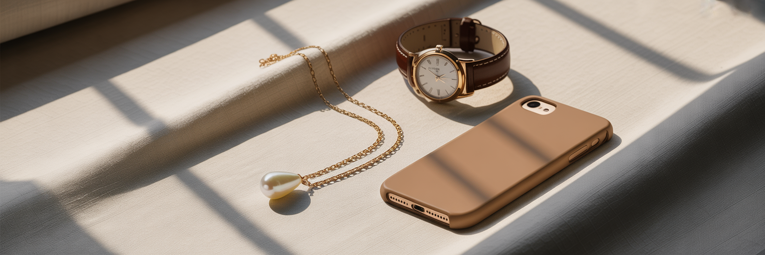 Elegant minimalist accessories on linen.