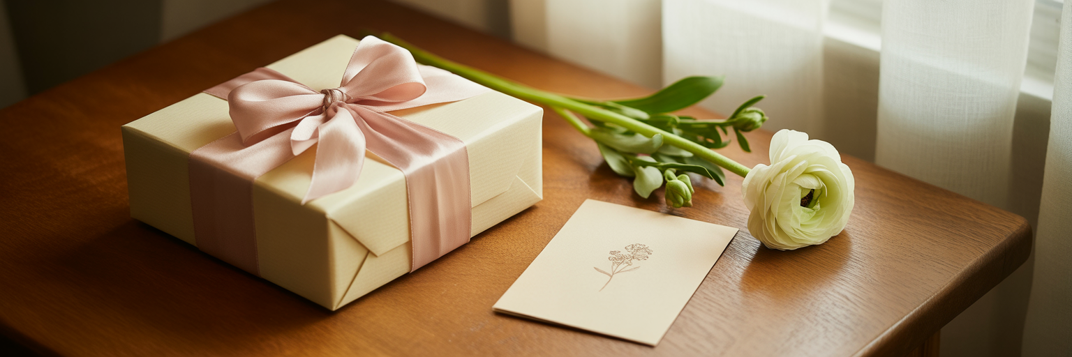Elegantly wrapped gift box with a silk ribbon.