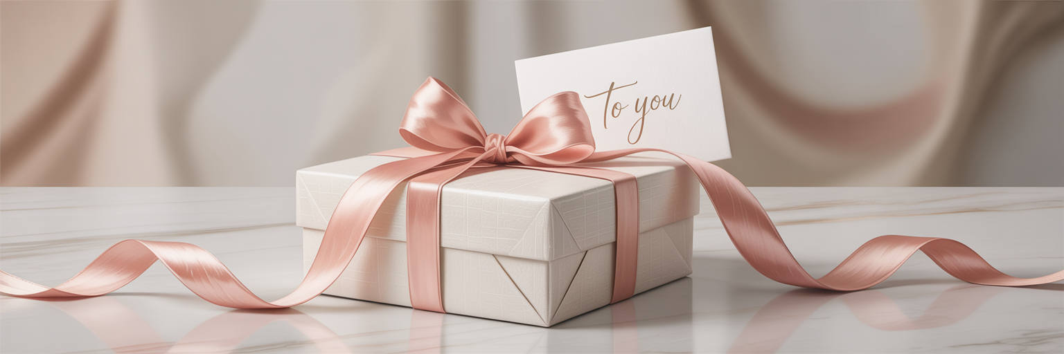 Elegantly wrapped gift box with silk ribbon.
