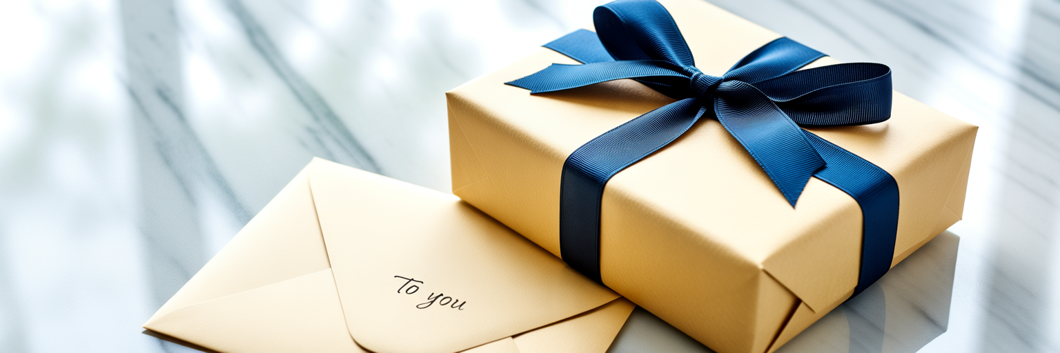 Elegantly wrapped gift with navy ribbon.