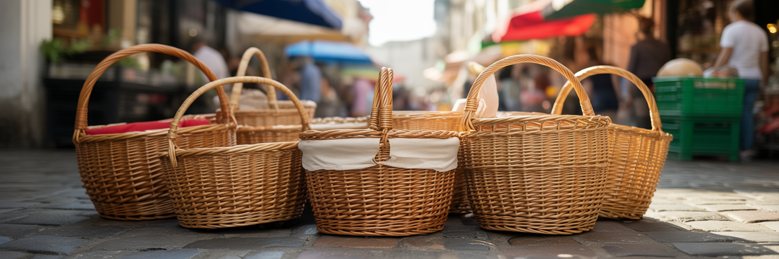 Empty market baskets on cobblestone street.
