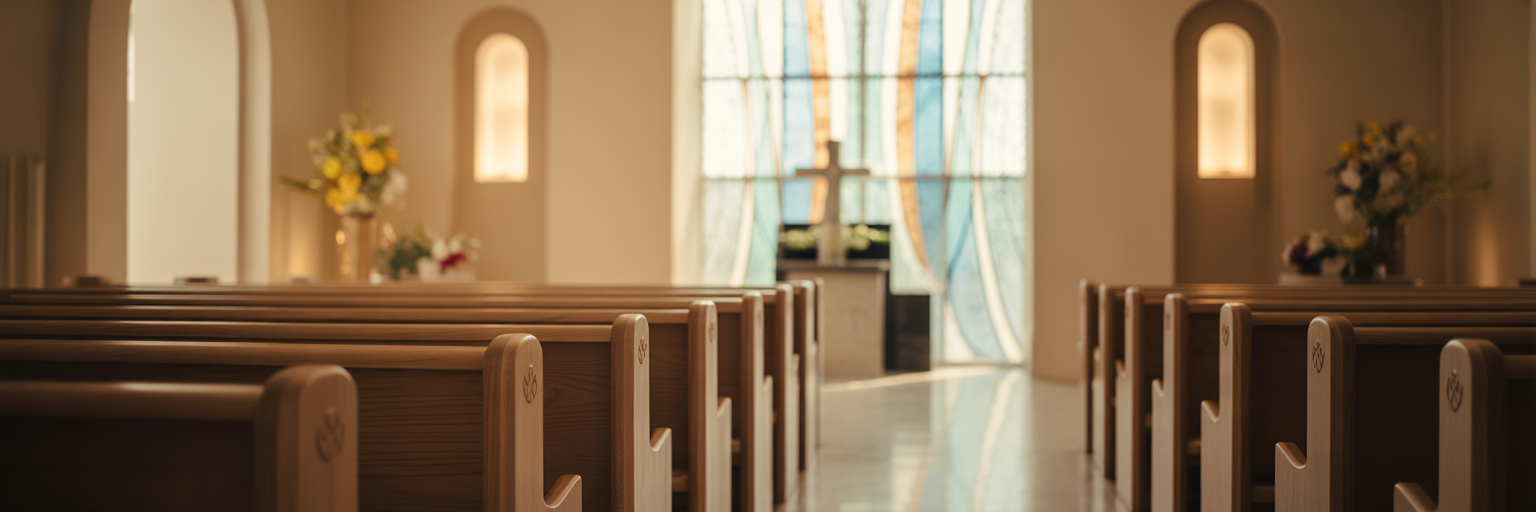 Empty wooden pew in crematorium chapel.