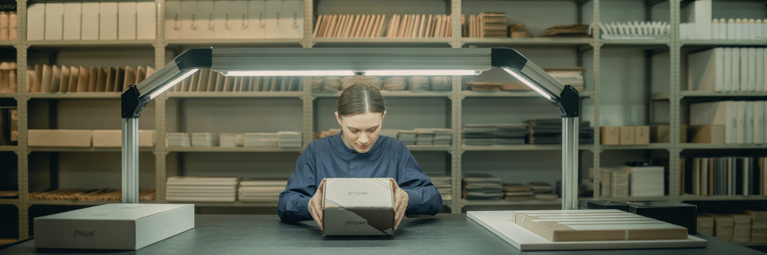 Engineer inspecting a custom cosmetic box.