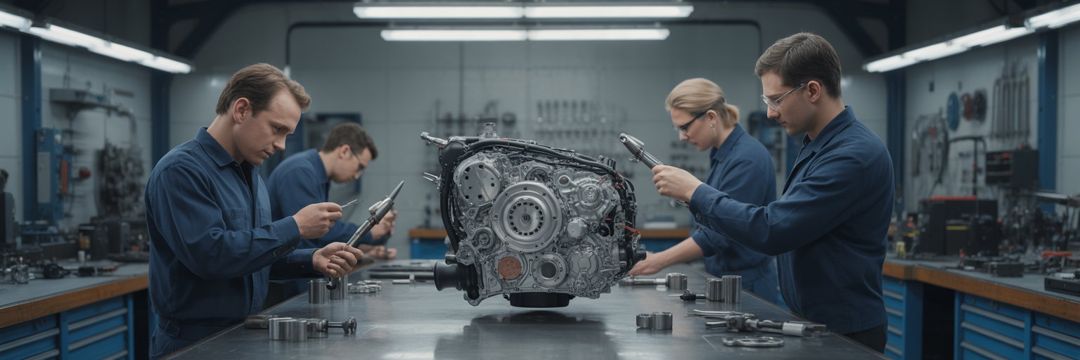 Engineers assembling complex engine with precision