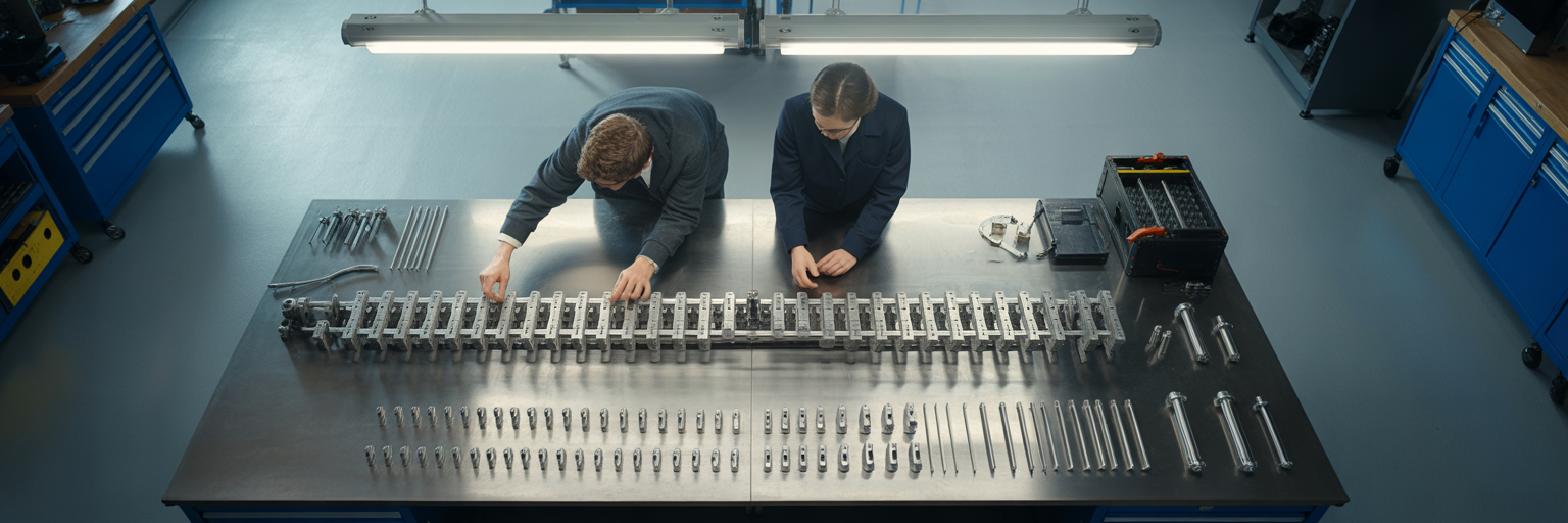Engineers assembling complex modular device.