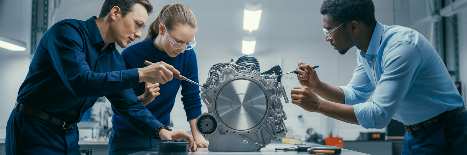 Équipe d'ingénieurs optimisant un moteur, métaphore de la maintenance d'IA.