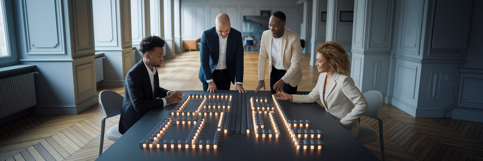 Équipe d'une agence IA présentant une solution à un dirigeant.