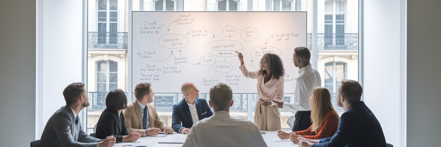 Équipe discutant d'une stratégie de formation IA à Paris.