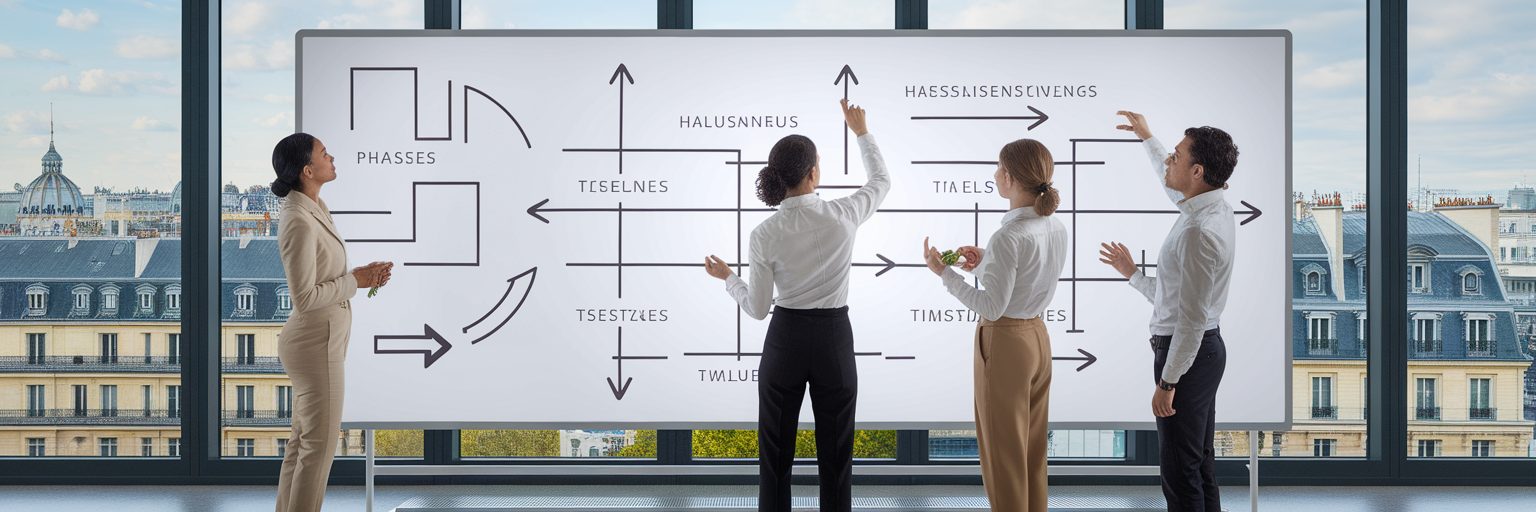 Équipe élaborant une feuille de route stratégique IA.