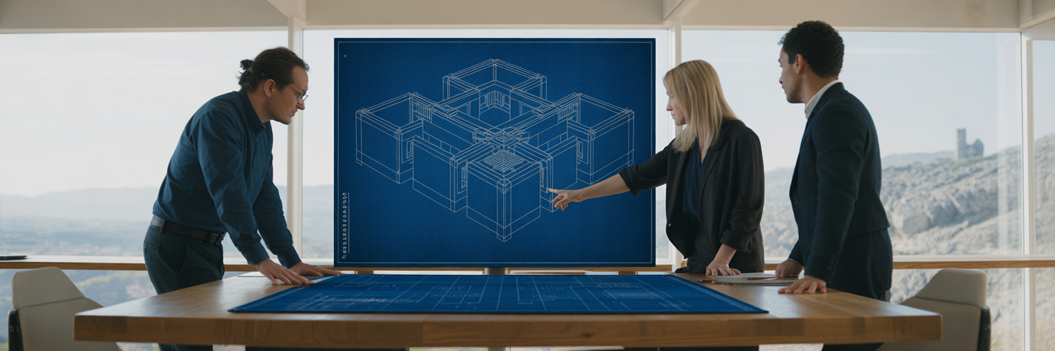 Équipe examinant un plan d'architecture de sécurité complexe.