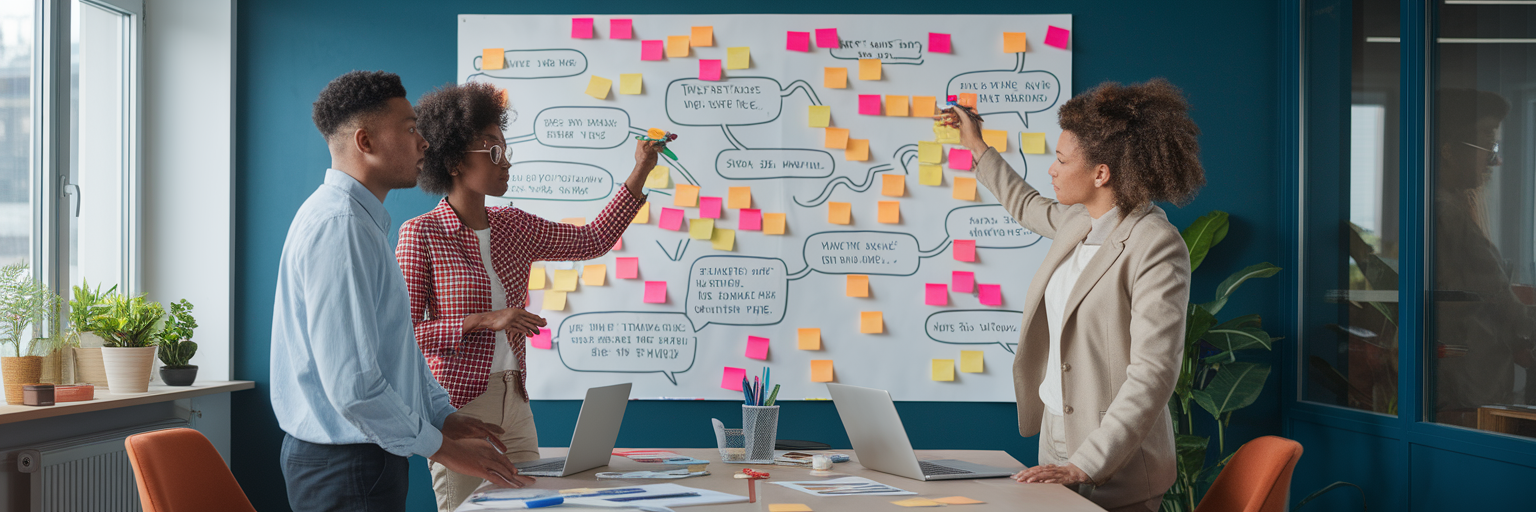 Équipe RH concevant un chatbot sur un tableau blanc