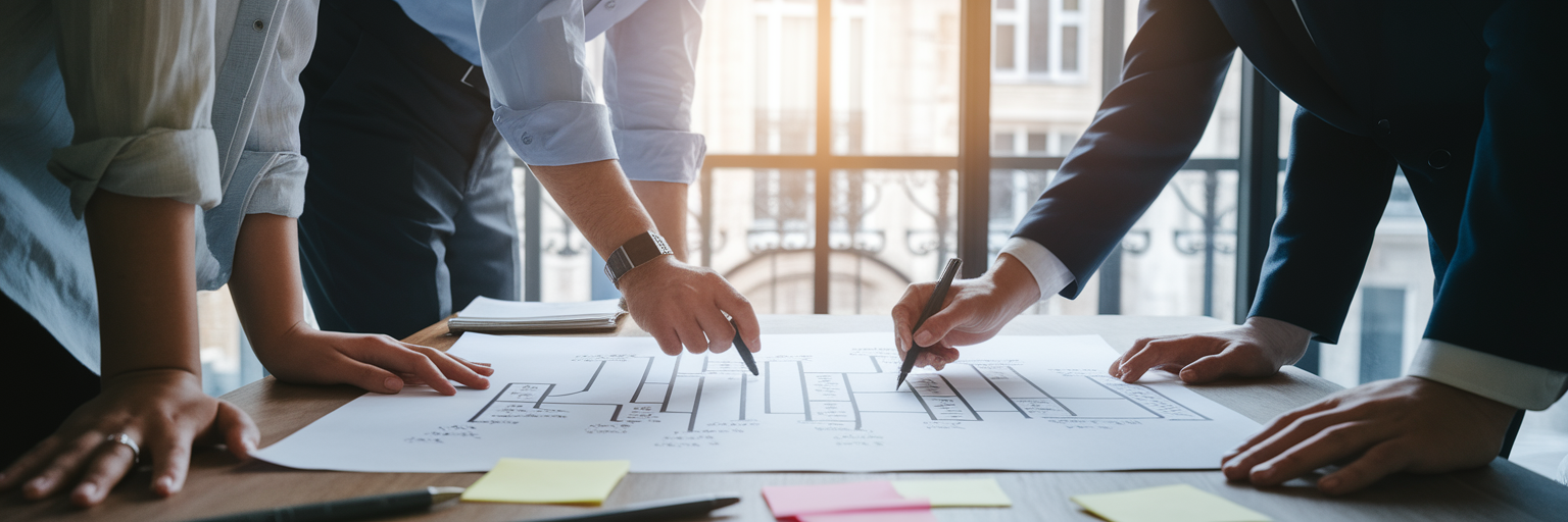 Équipe travaillant sur un organigramme de service client.