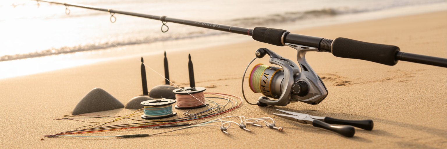 Essential surf fishing tackle on sand