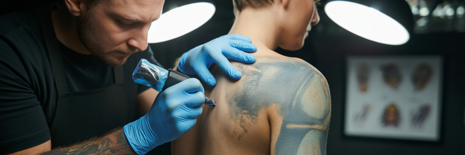 Examining a poor quality tattoo for cover-up.