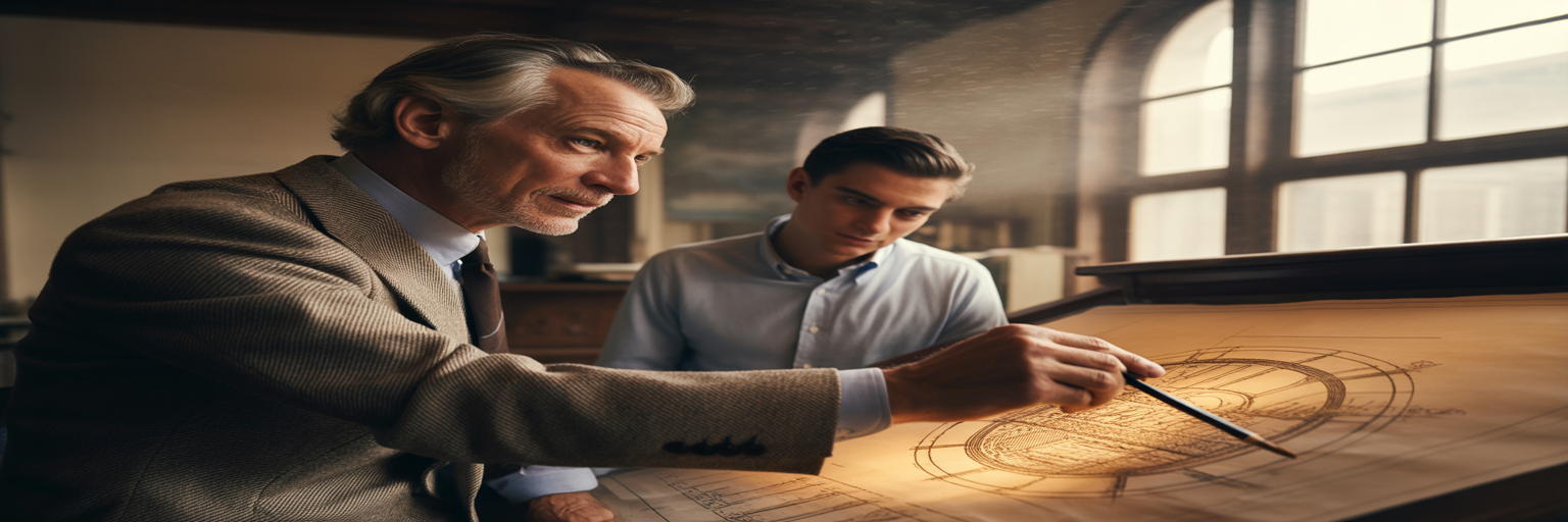 Expert craftsman guiding an apprentice with blueprints.