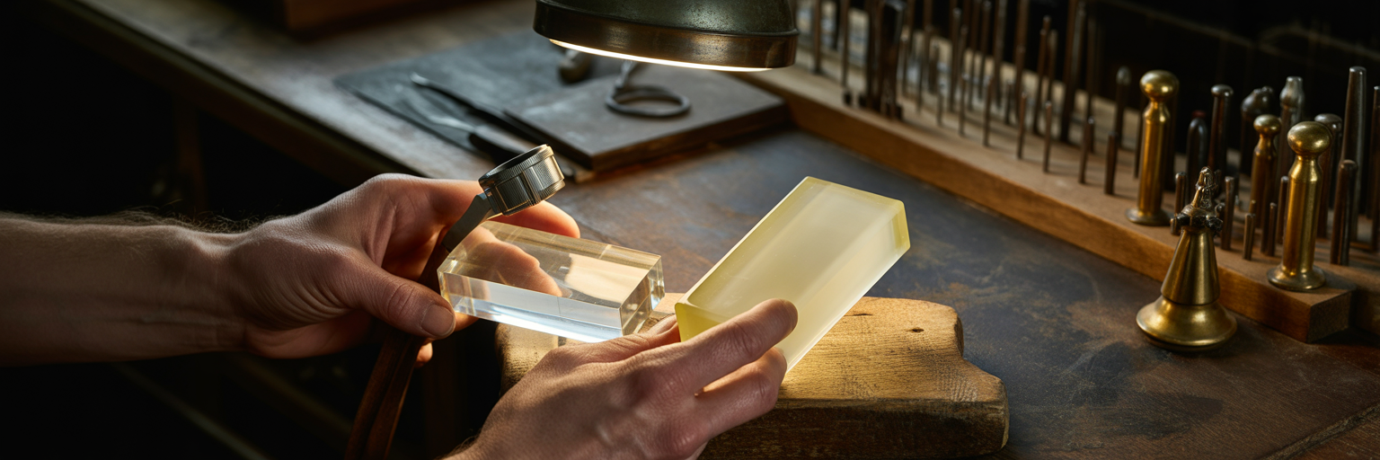 Expert inspecting clear and yellowed materials.