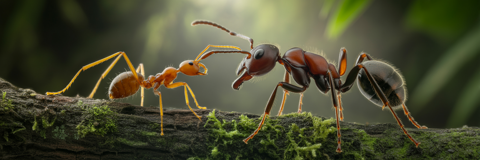 Exploding ant confronting a larger predator ant.