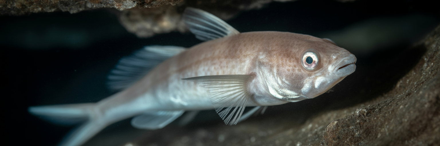 Eyeless Mexican cavefish in dark cave.
