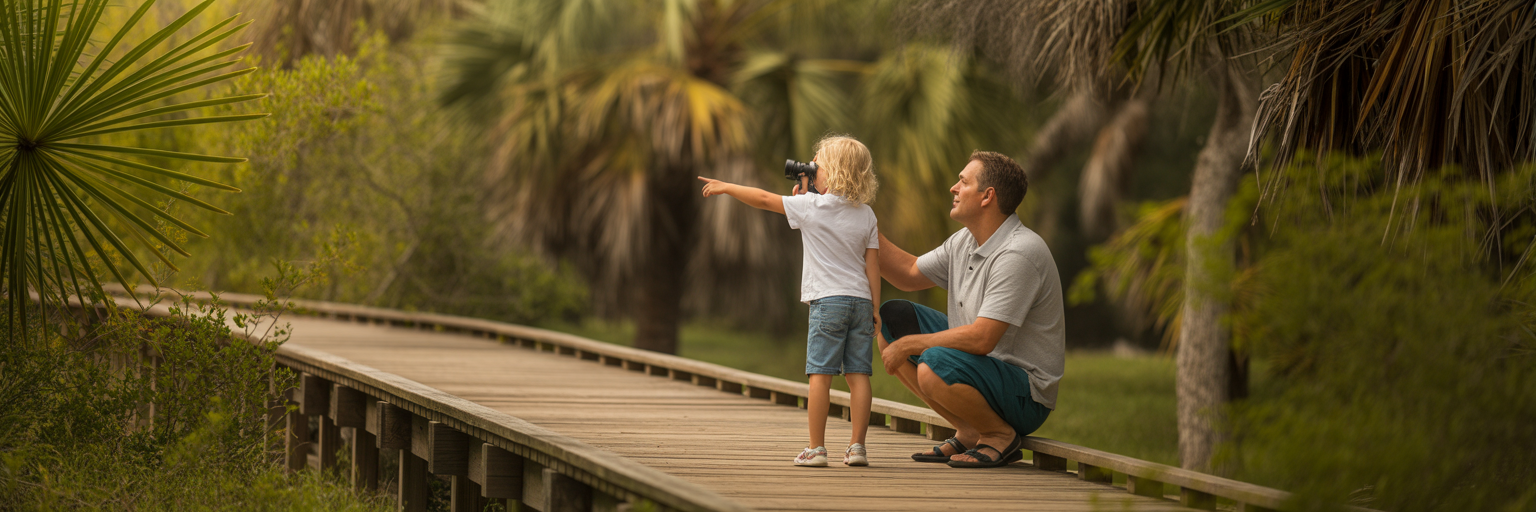 Family birdwatching on a park boardwalk.