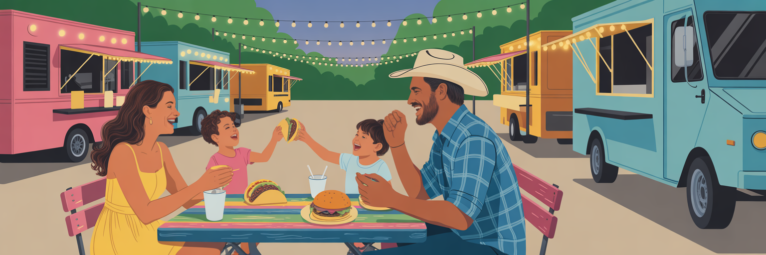 Family eating at Austin food truck park.