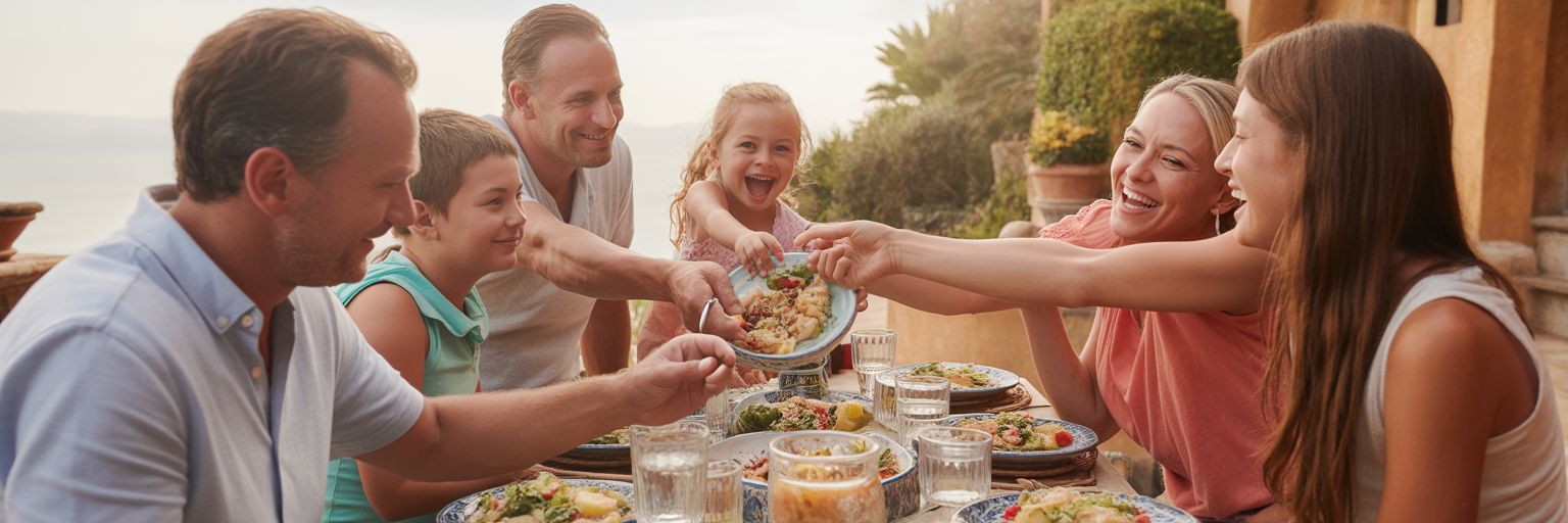 Family enjoying a relaxed meal on vacation.