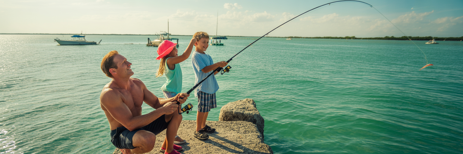 Family fishing together from Florida jetty