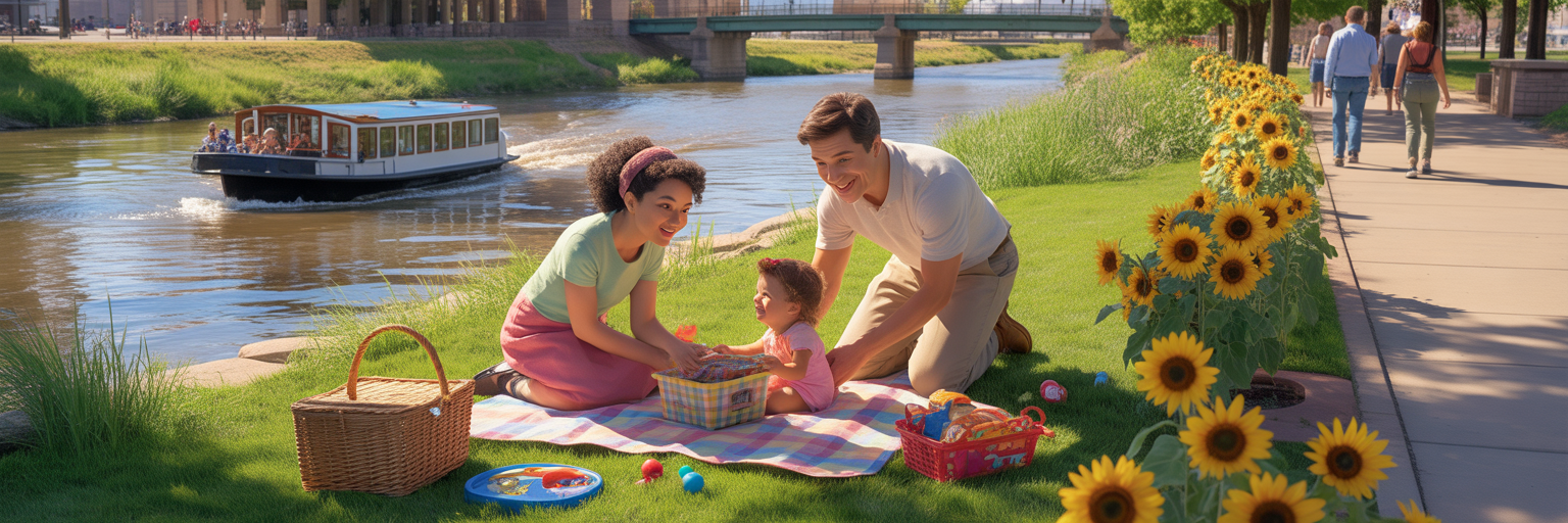 Family having a picnic at Pueblo's Arkansas Riverwalk.
