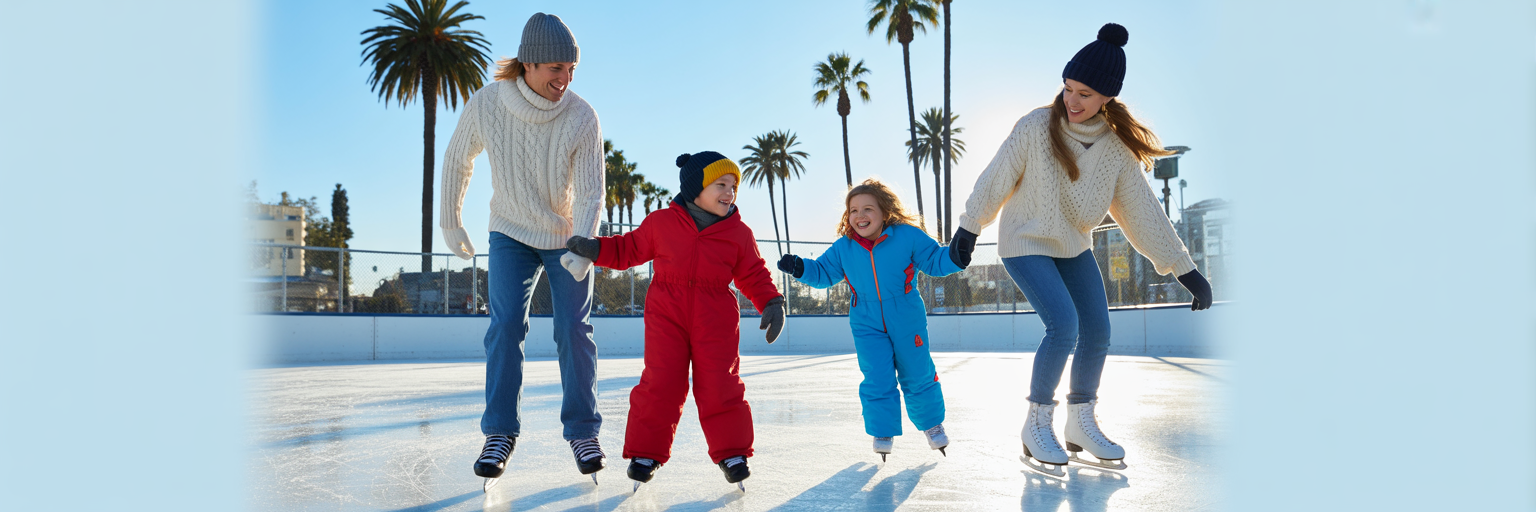 Family ice skating outdoors LA.