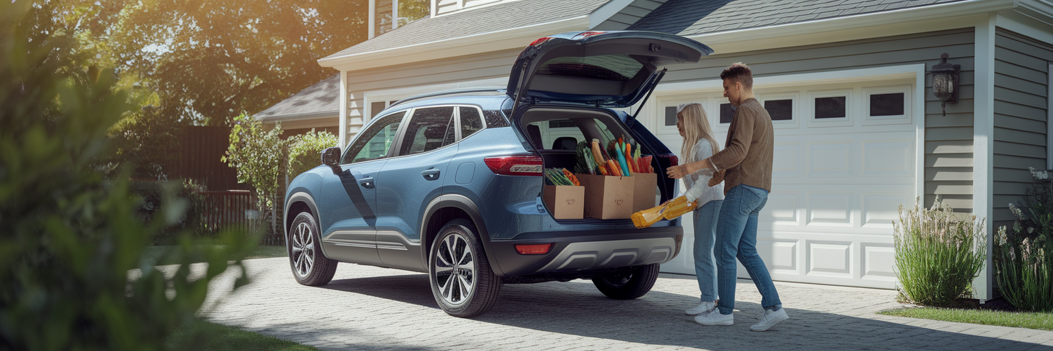 Family loading groceries into hybrid SUV.