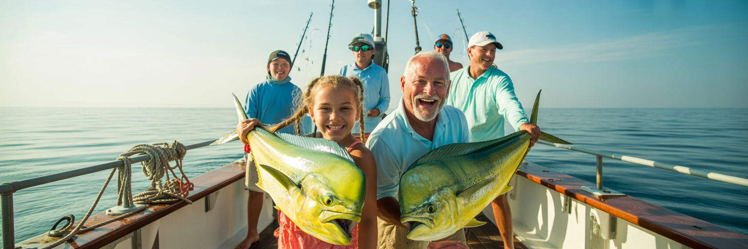 Family on a Florida fishing charter with mahi