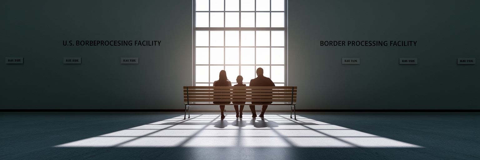 Family waiting on bench in processing center.