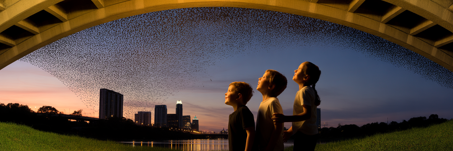 Family watching bats at Congress Avenue Bridge.