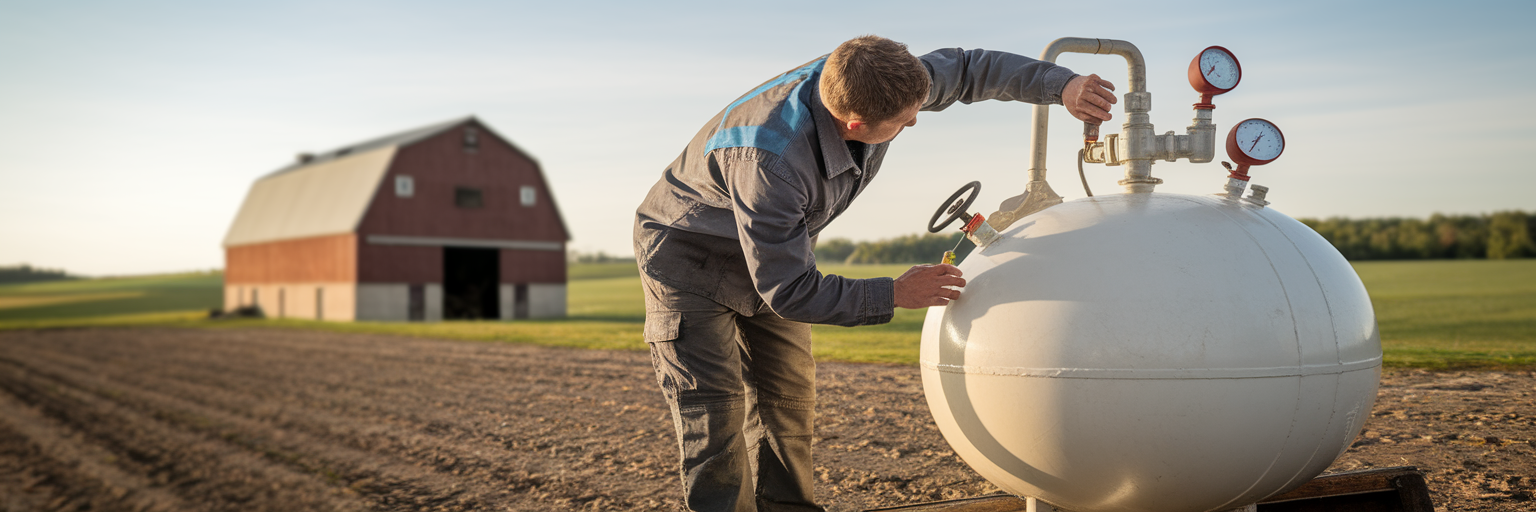 Farm worker inspecting large propane tank.