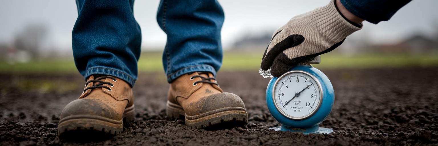 Farmer checking propane tank manual gauge.