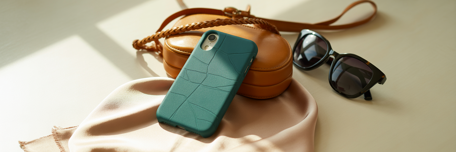 Fashion accessories flat lay with iPhone case.