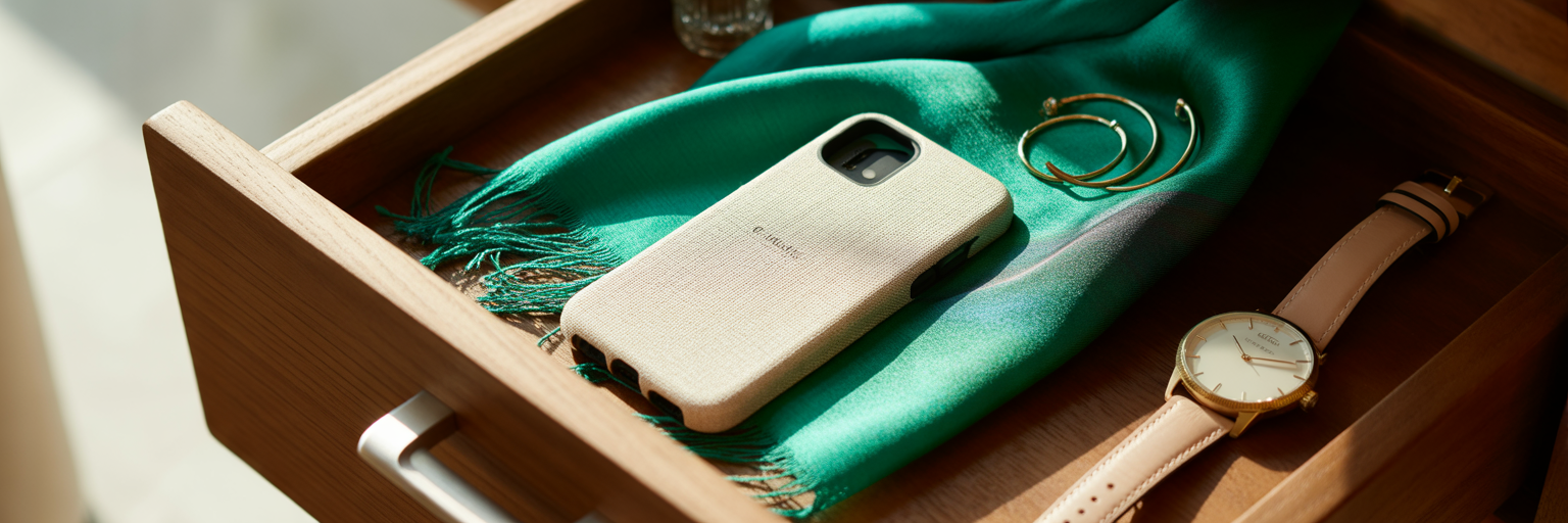 Fashion accessories organized with rectangle phone case.