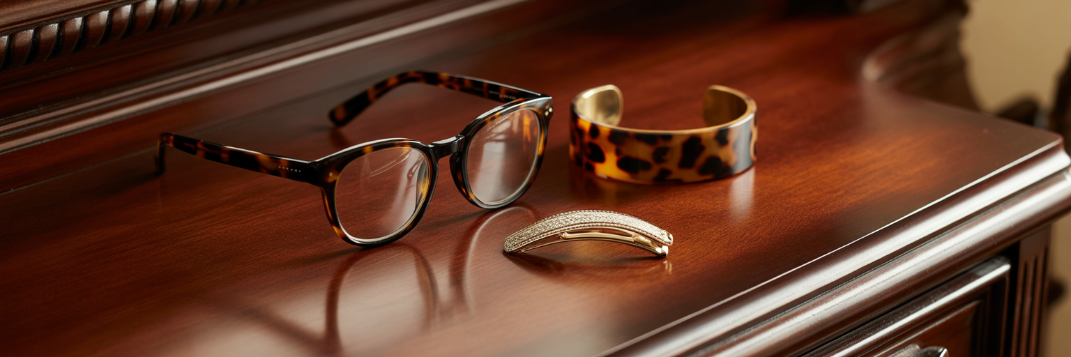 Faux-tortoiseshell glasses and bracelet on wood.