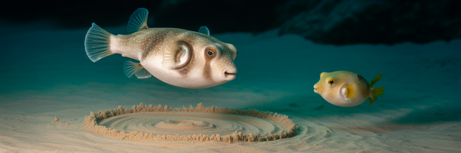Female pufferfish inspecting sand art