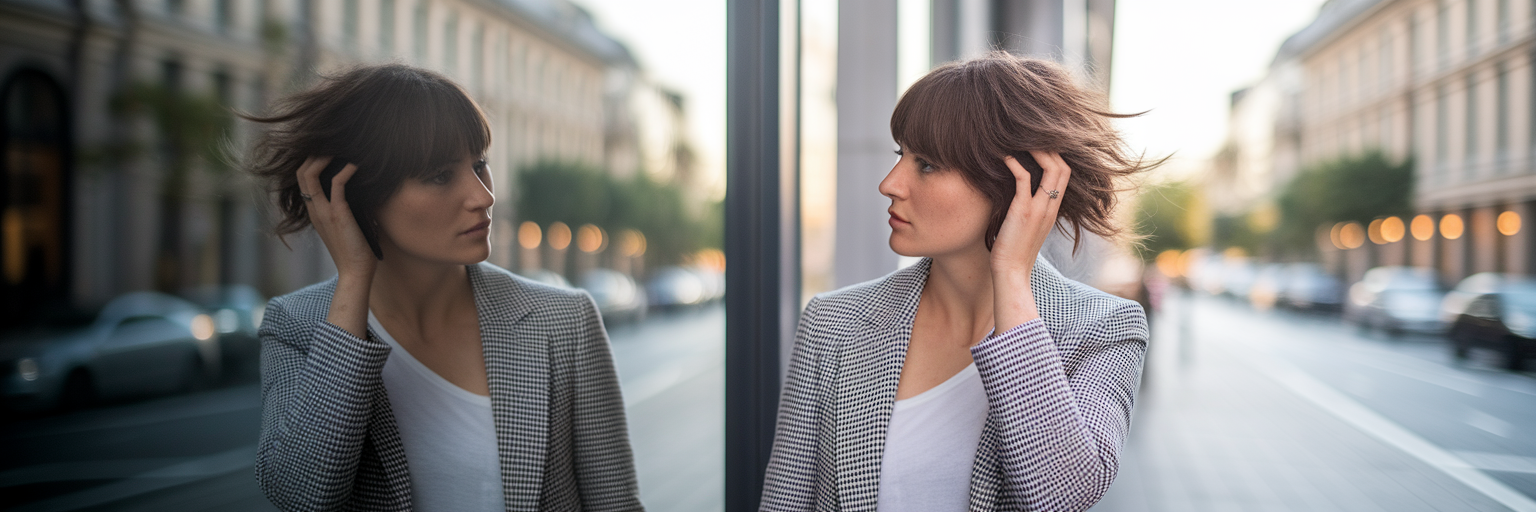Femeie reflectând la tunsoarea sa în București.
