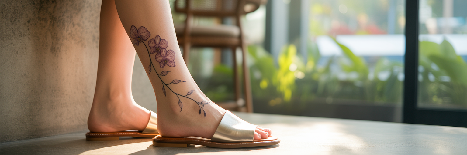 Fine-line ankle tattoo with sandals.