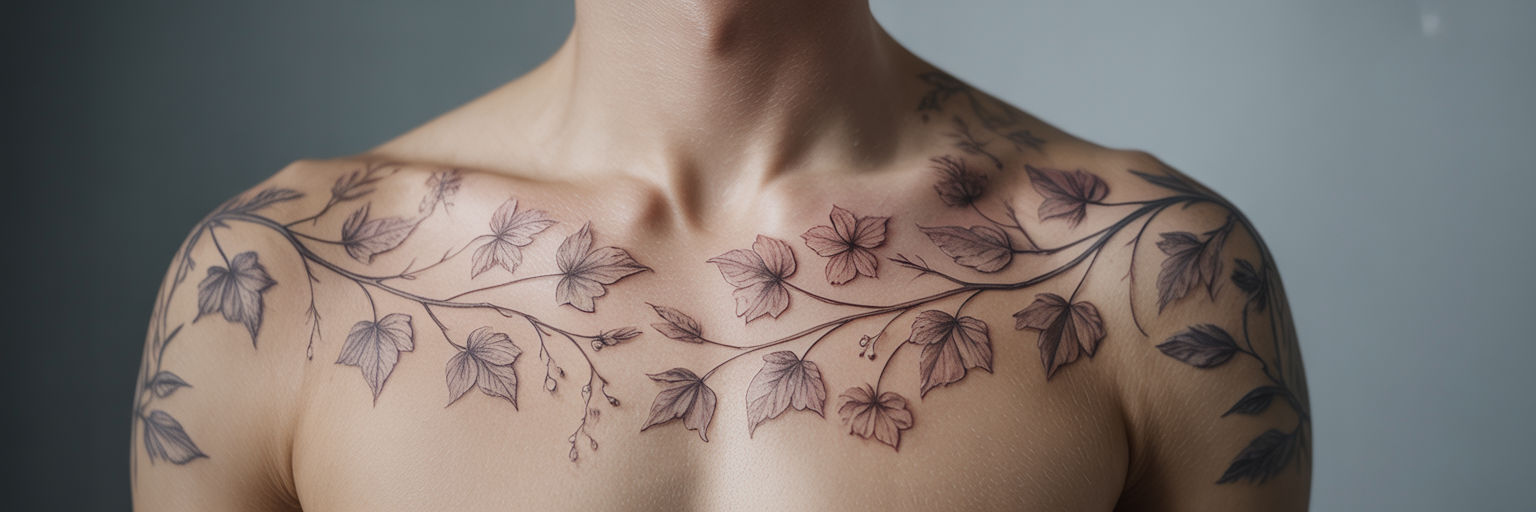 Fine-line botanical chest tattoo design.